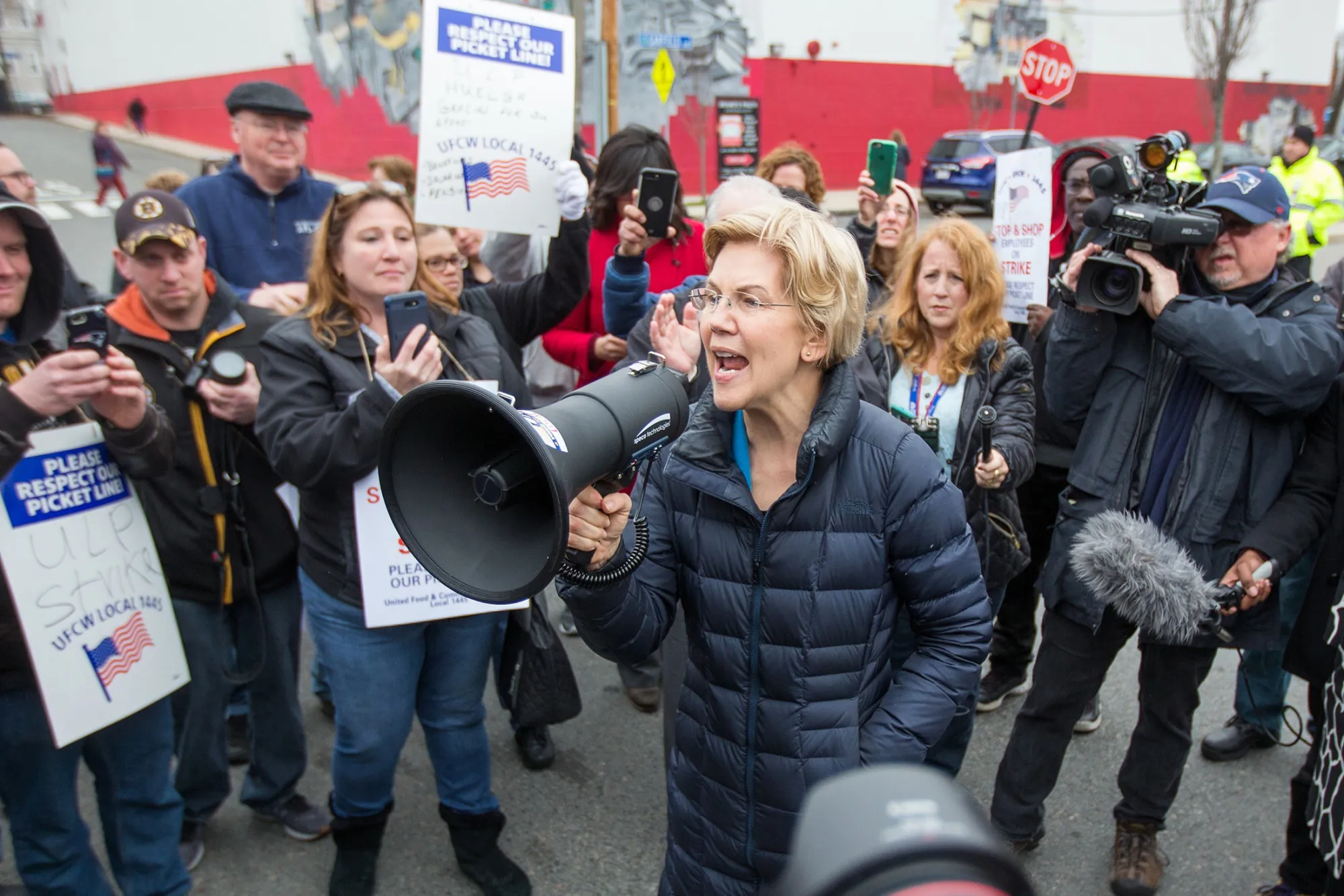 Democratic presidential candidate Sen. Elizabeth Warren joined striking Stop &amp; Shop workers on April 12, 2019 in Somerville, Massachusetts.