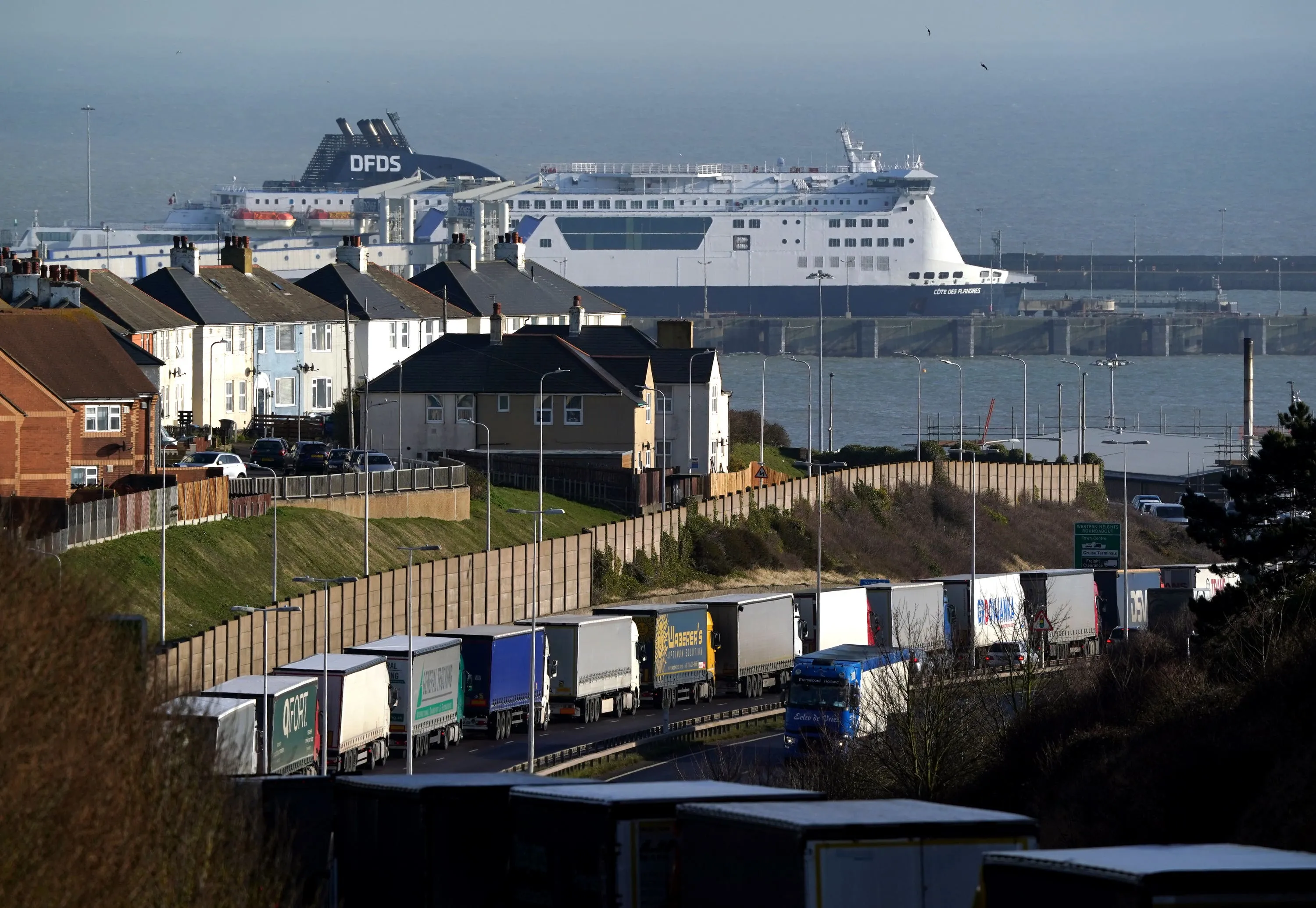 HGVs wait at the port of Dover.