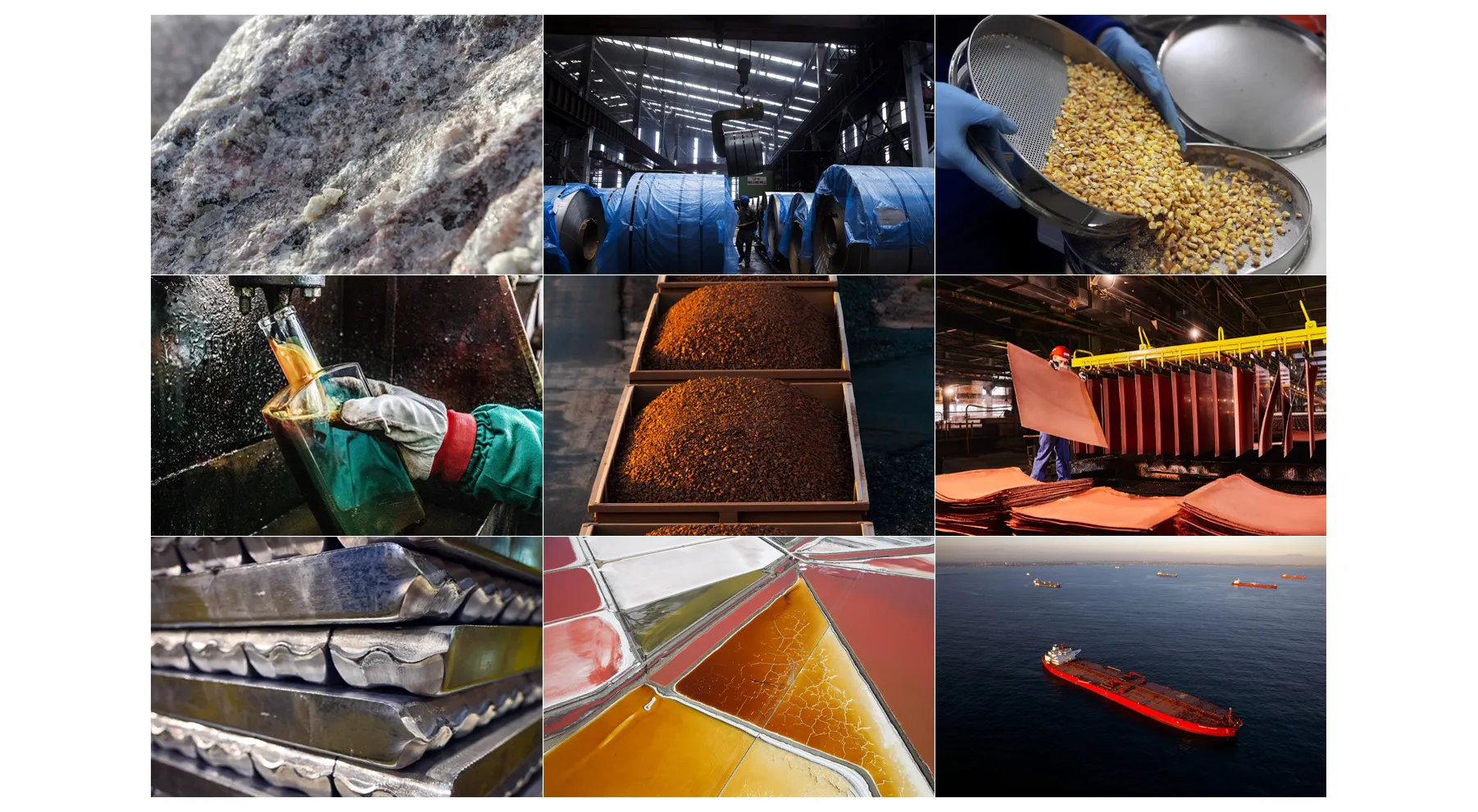 Clockwise from top left:&nbsp;Lithium, steel, corn, copper, oil, salt, aluminum, diesel fuel and iron.