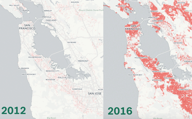 Million-dollar-housing creeps across San Francisco and adjacent areas, 2012-2016.