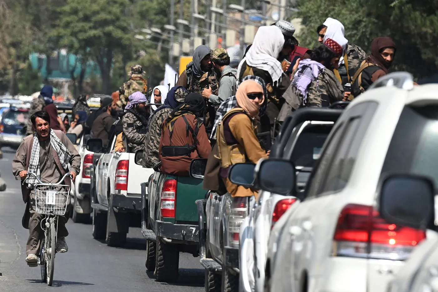 Taliban fighters patrol a street in Kabul following the U.S. withdrawal from Afghanistan, on Sept. 2.