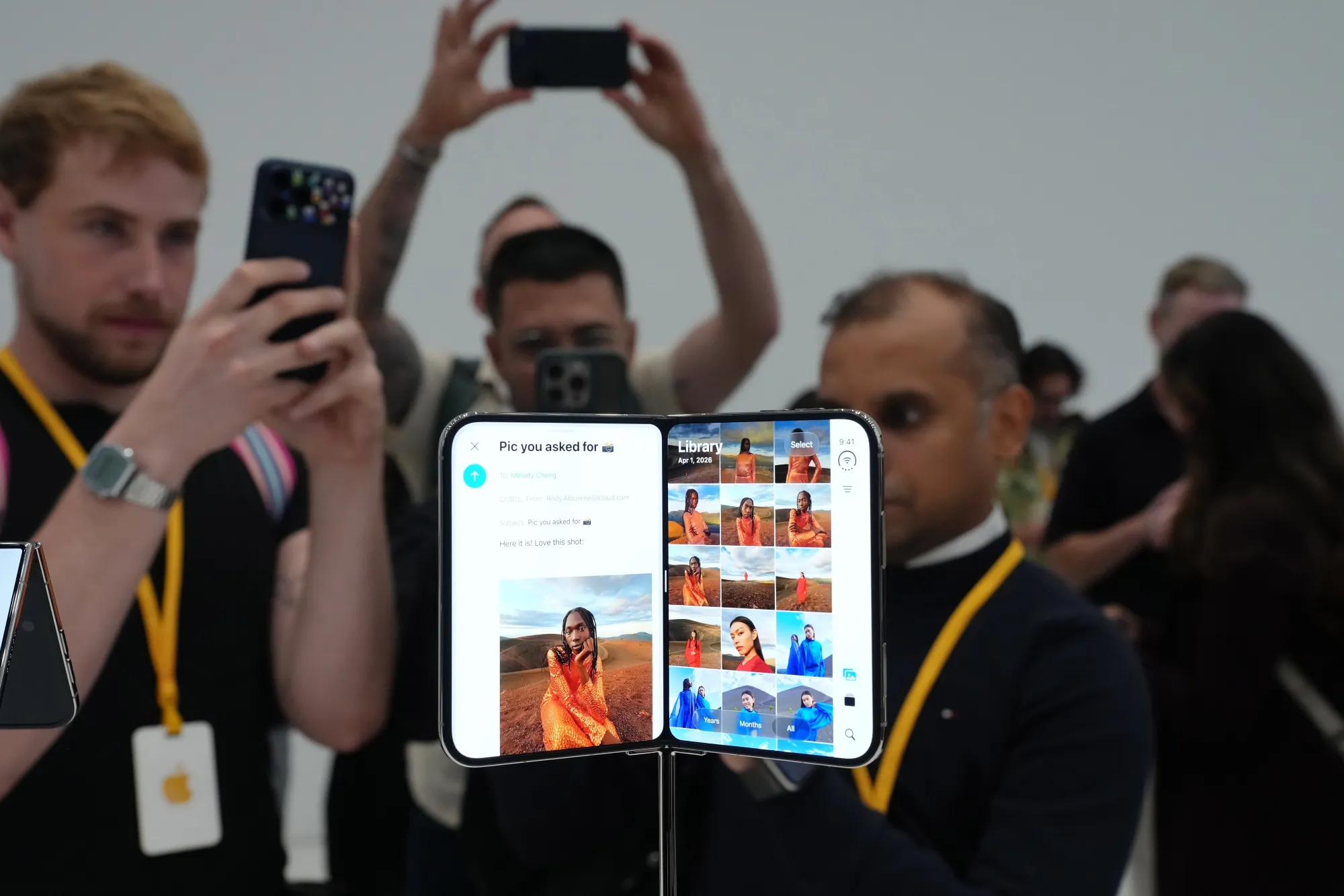 The Apple iPhone Duo foldable smartphone during a product unveiling event at Apple Park in Cupertino, California.