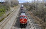 A Canadian National locomotive pulls a train in Montreal.