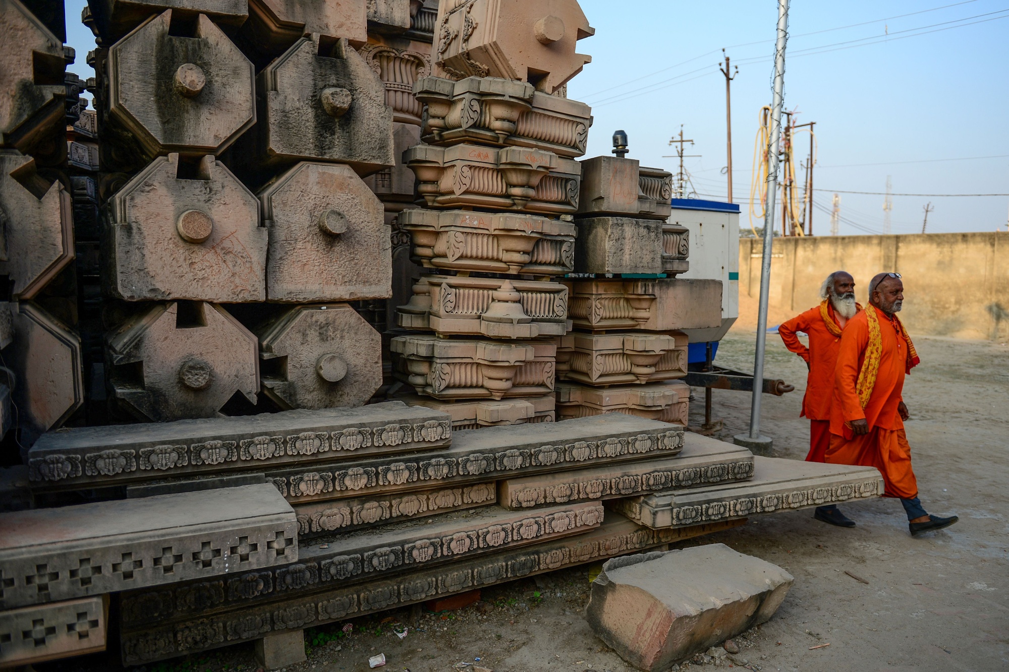 Stone slabs earmarked for the construction of a Hindu God Ram temple Ram Janmabhoomi Nyas workshop in Ayodhya, in Nov. 2019.