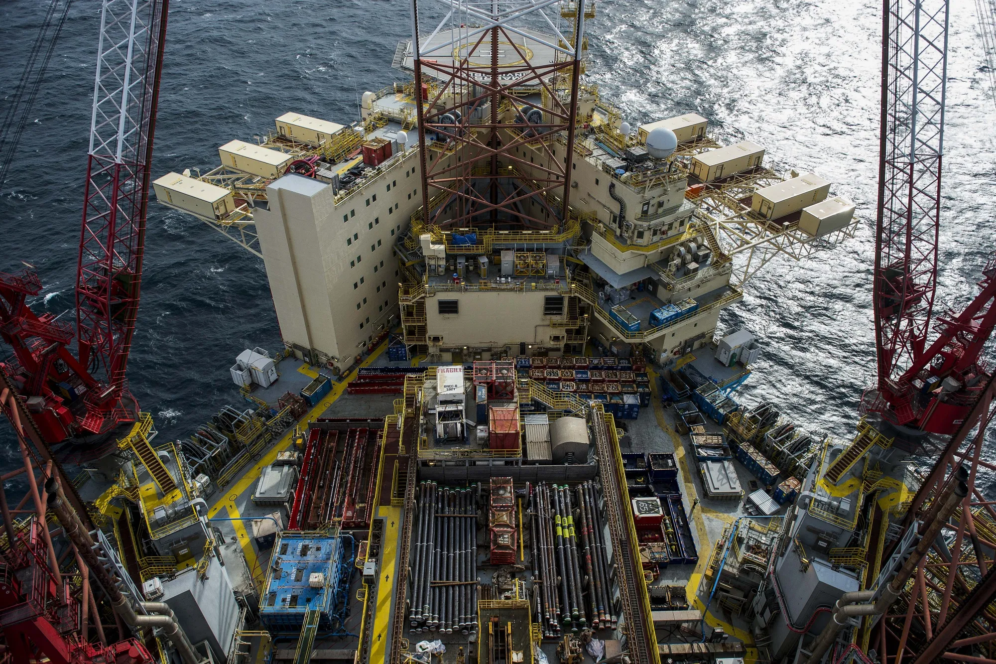 Equipment sits on a deck of the Maersk Invincible rig in the Valhall field in the North Sea off the coast of Stavanger, Norway.