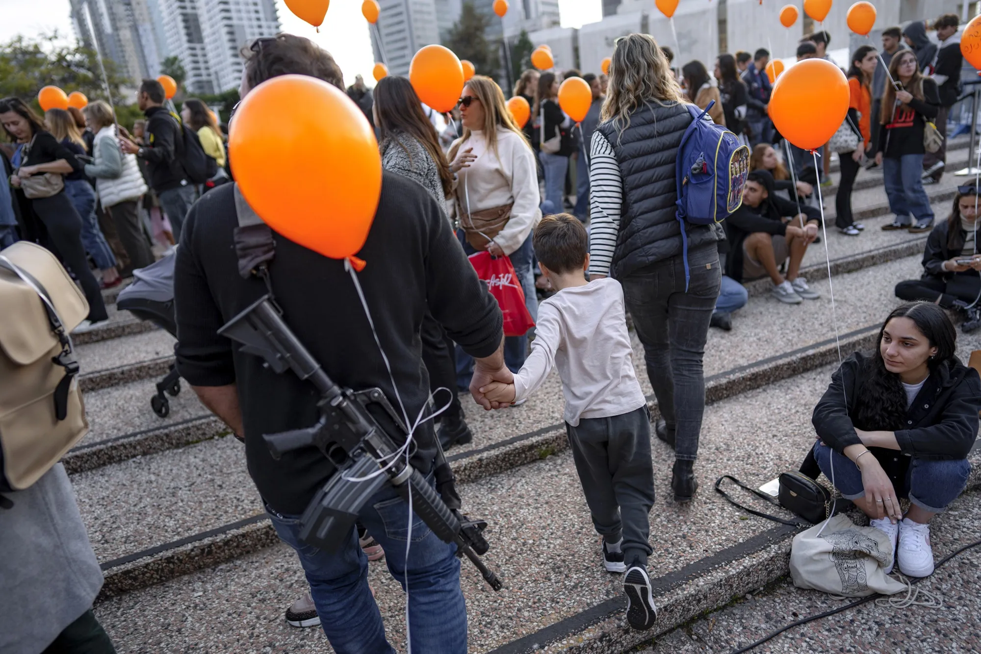 A Jan. 18 rally in Tel Aviv in solidarity of Kfir Bibas, an Israeli boy who spent his first birthday held in captivity by Hamas. Bibas is a redhead, and orange balloons are being used all over the country to symbolize his plight.&nbsp;