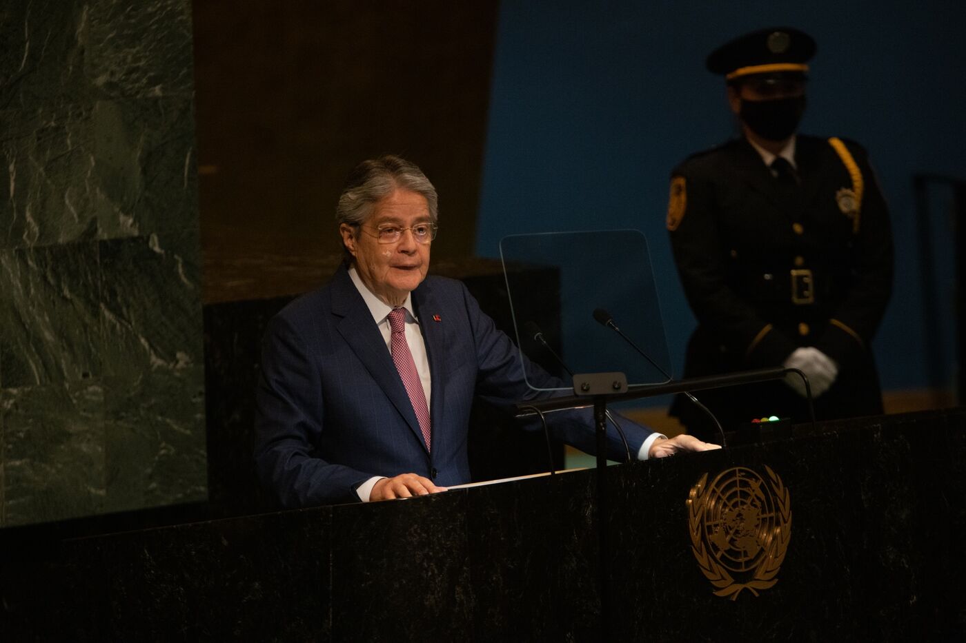 Guillermo Lasso, Ecuador's president, speaks during the United Nations General Assembly (UNGA) in New York, US, on Wednesday, Sept. 21, 2022. he United Nations.