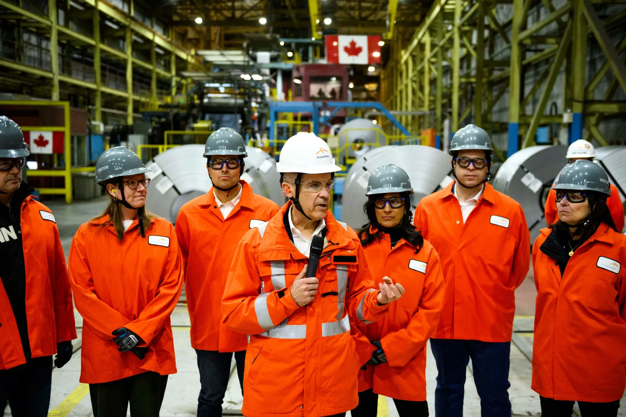 Mark Carney speaks at an ArcelorMittal Dofasco steel facility in Hamilton, Ontario.