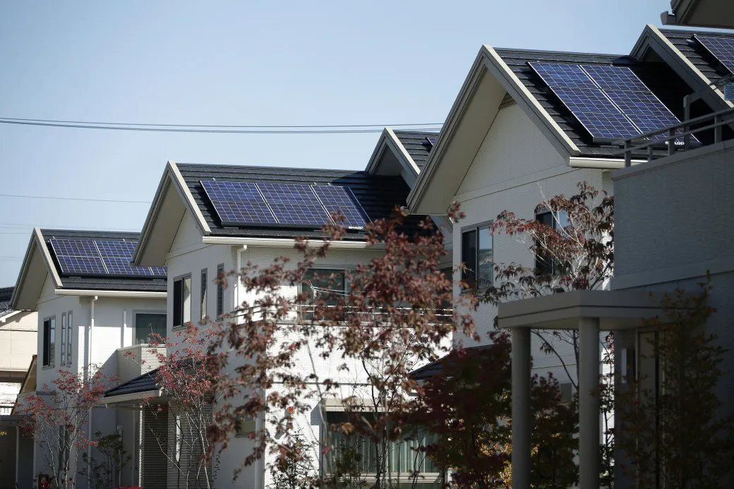 Solar panels on rooftops in Toyota City, Aichi Prefecture, Japan.