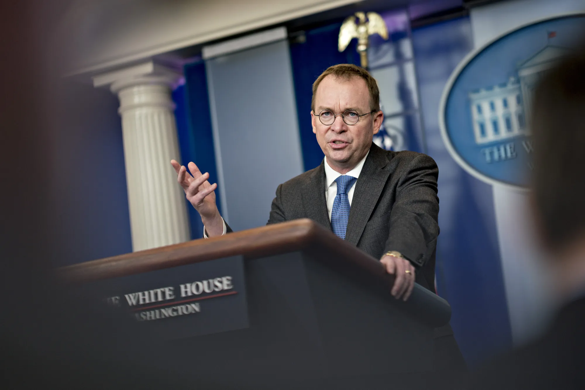 Mick Mulvaney, director of the Office of Management and Budget, speaks during a press briefing at the White House in Washington&nbsp;on Friday, Jan. 19, 2018.