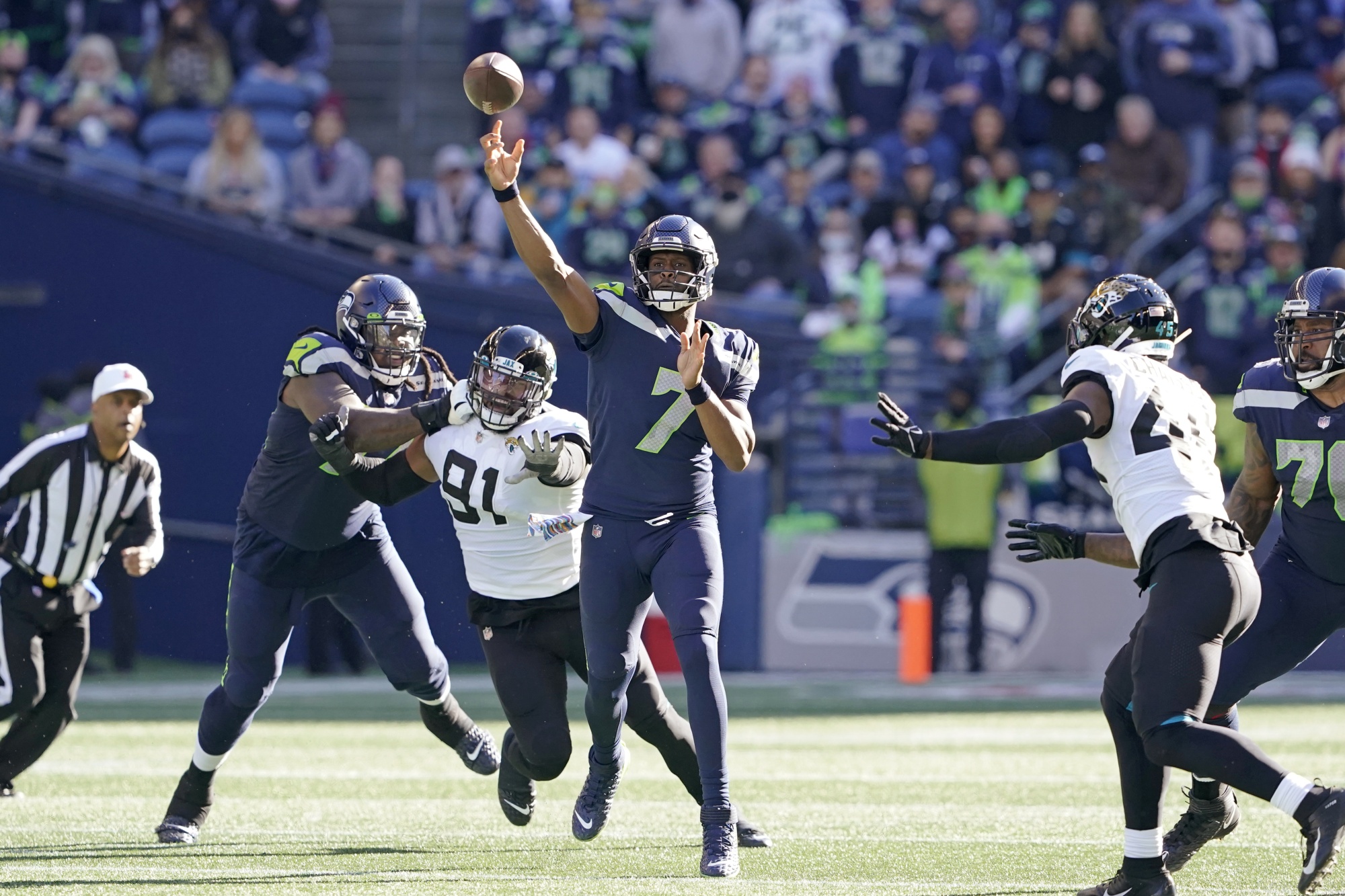 Seattle Seahawks quarterback Geno Smith (7) during an NFL football