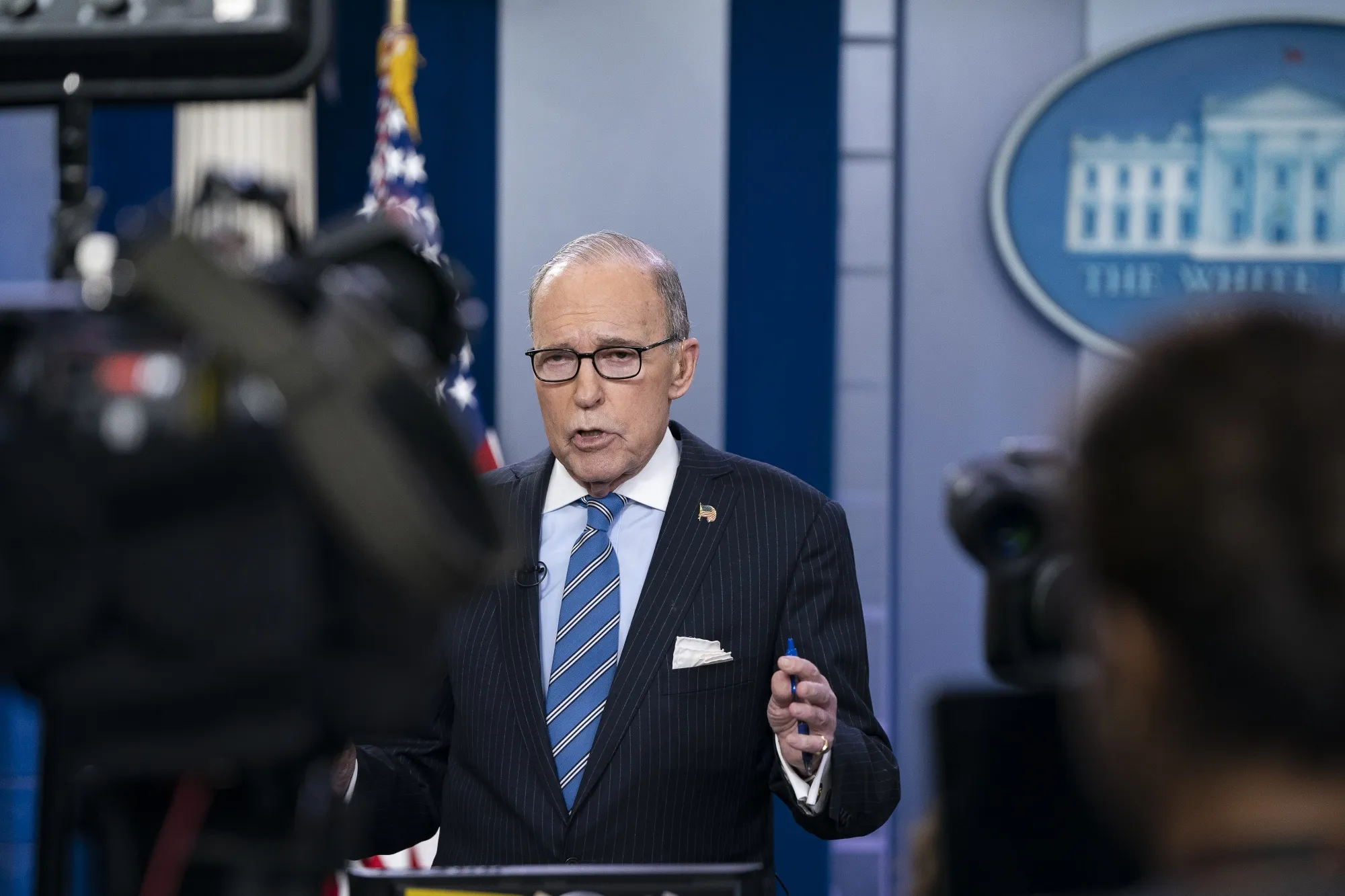 Larry Kudlow&nbsp;speaks during a television interview at the White House on Jan. 30, 2020.&nbsp;