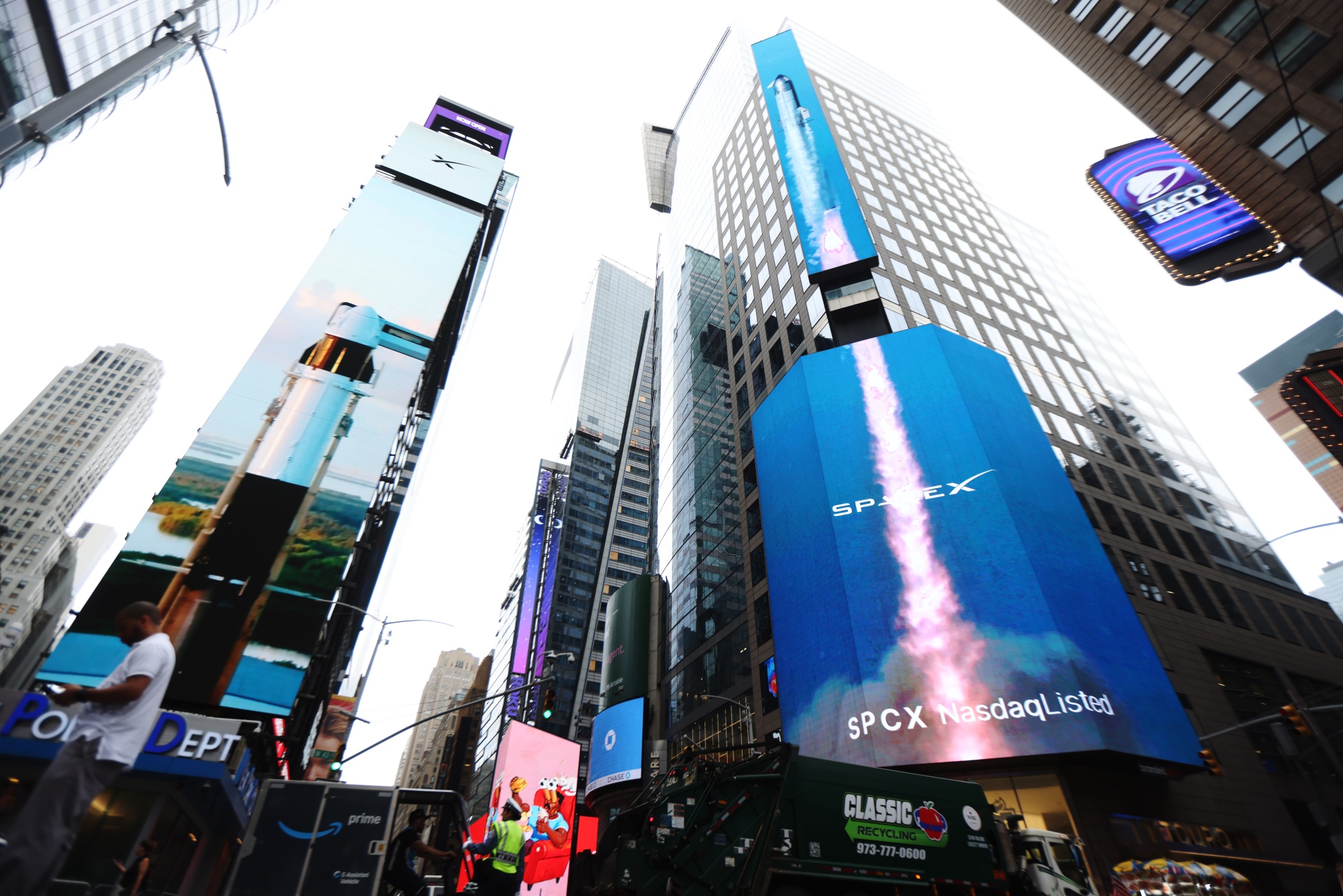 SpaceX signage during the company's IPO at the Nasdaq MarketSite in New York on June 12.