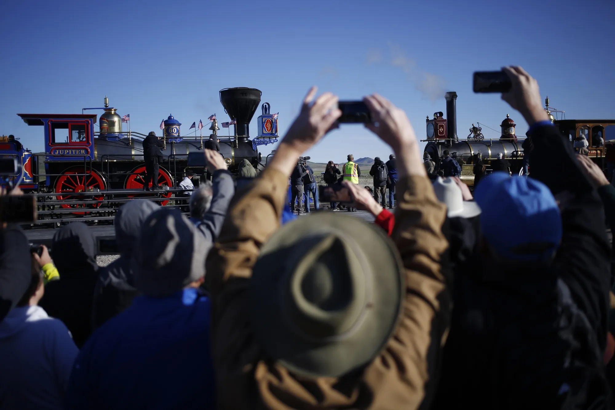 Steam locomotives Jupiter and Union Pacific No. 119&nbsp;in Promontory Summit on May 10, 2019.&nbsp;