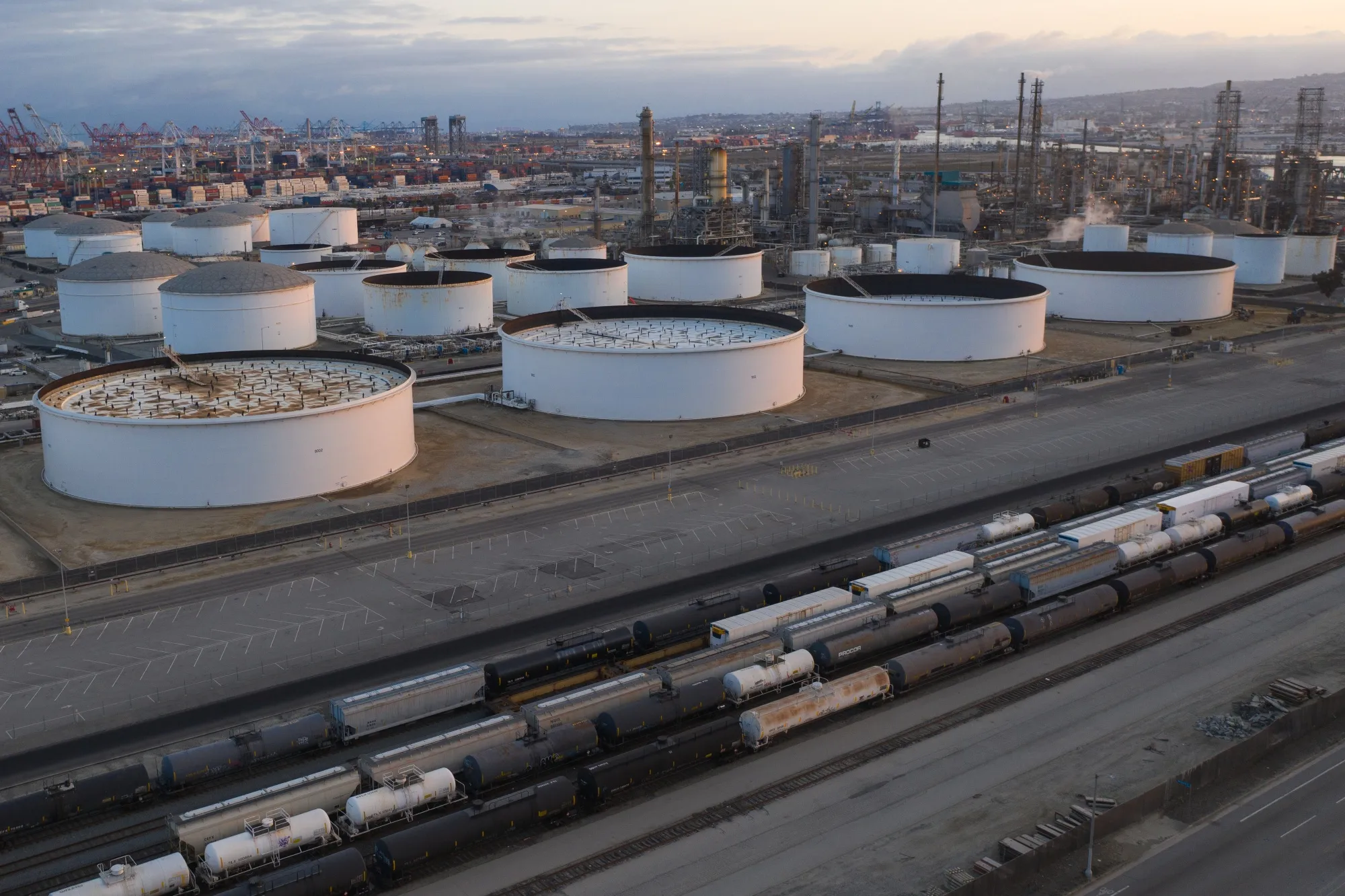 A refinery and a rail yard in Wilmington, California, U.S.