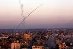 An M-75 rocket launched toward Israel by the military wing of Hamas in the Gaza strip