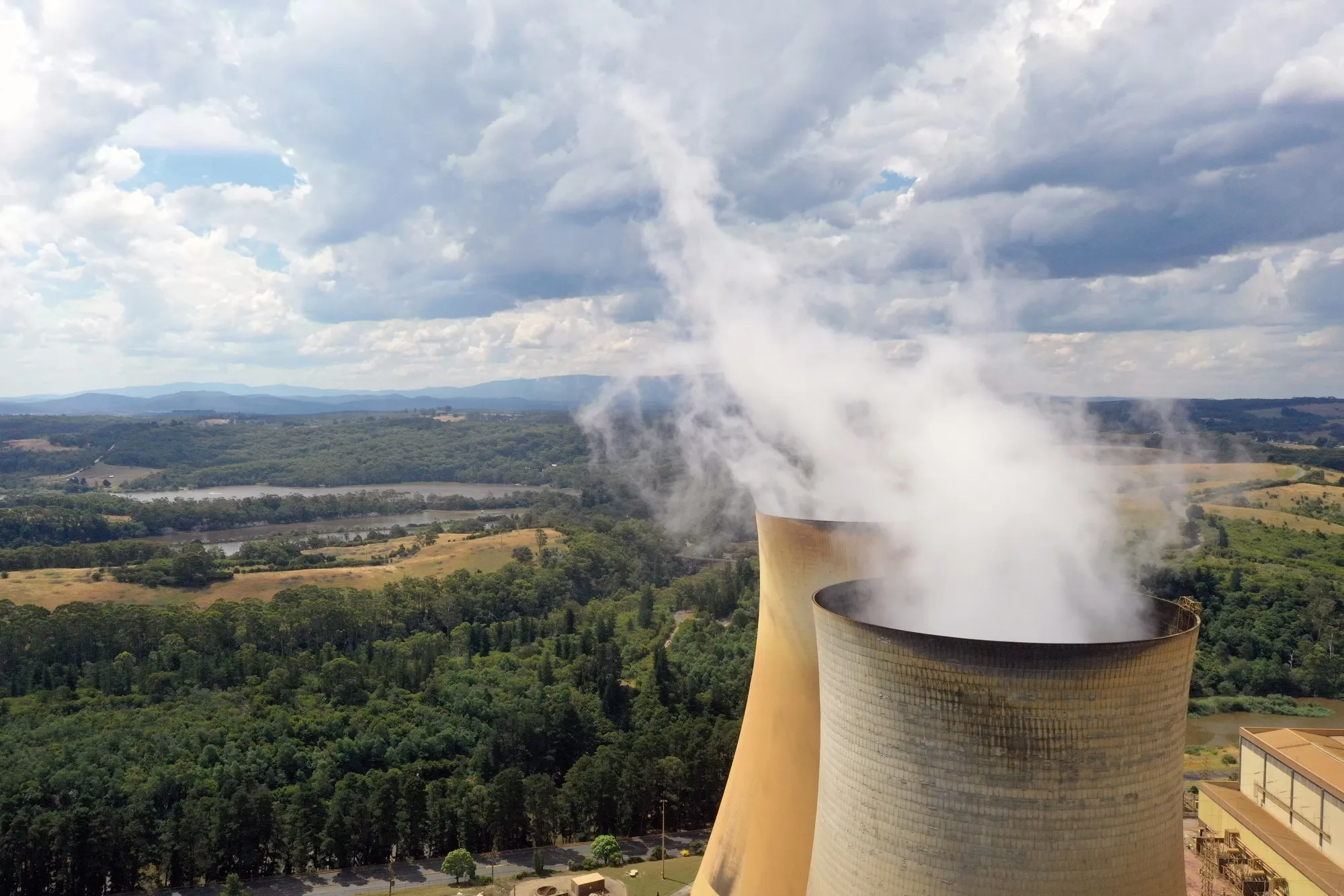 Cooling towers at a power station in the Latrobe Valley, Victoria, Australia.