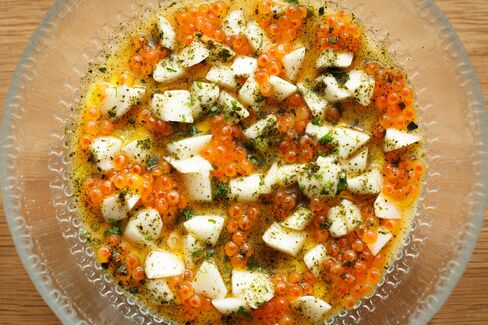 Wobbly fresh tofu with smoked trout roe.