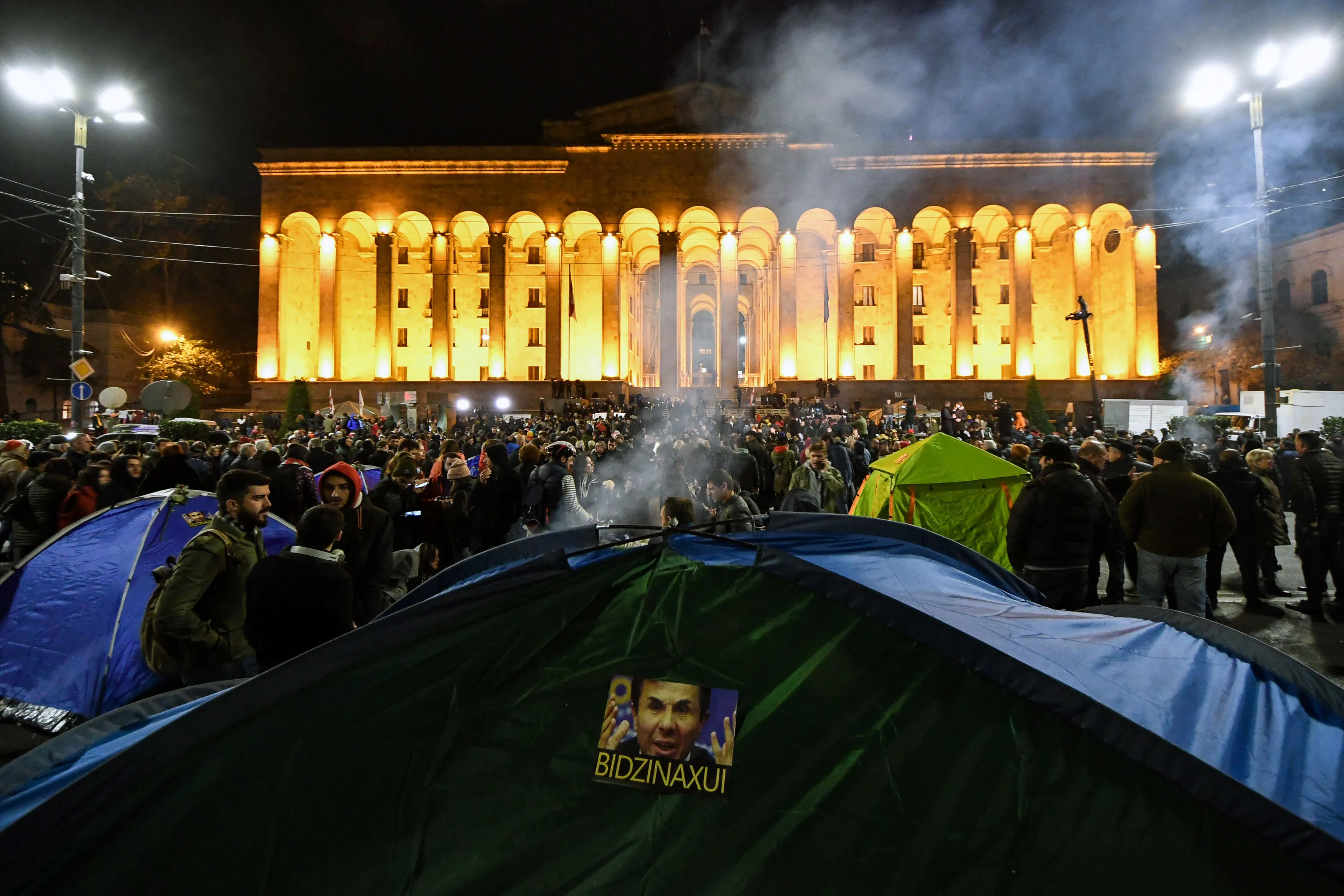 A photo of Bidzina Ivanishvili on a tent set by protesters outside the parliament on Nov. 15.
