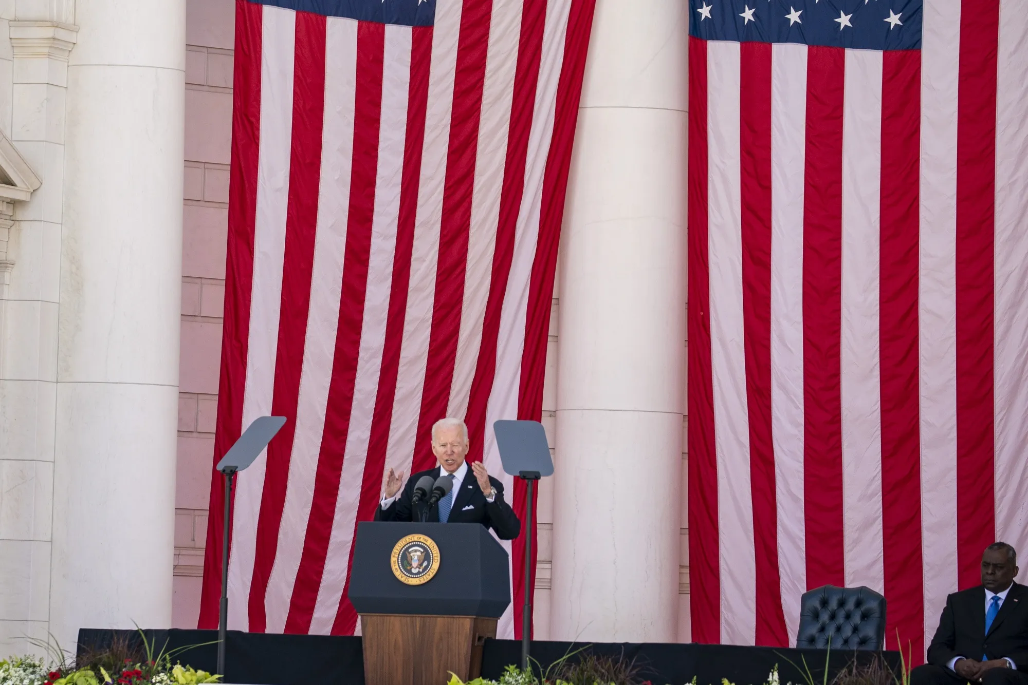Biden speaks during a Memorial Day ceremony at Arlington National Cemetery on May 31.