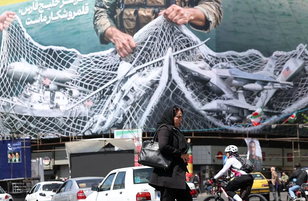 A billboard with a sentence reading 'The Strait of Hormuz remains closed' at the Enqelab Square in Tehran, on April 5.