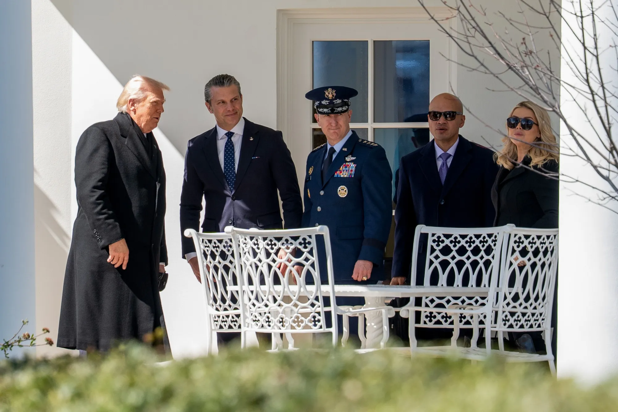 President Donald Trump, from left, Pete Hegseth, US secretary of defense, John D. Caine, chairman of the Joint Chiefs of Staff, Walt Nauta, White House director of Oval Office operations, and Karoline Leavitt, White House press secretary.