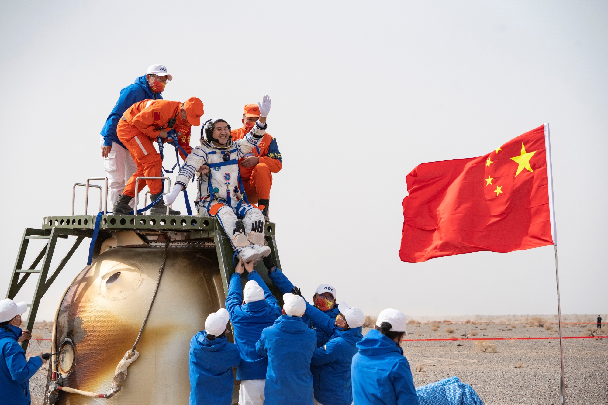 Chinese astronaut Zhai Zhigang exits the Shenzhou-13 spaceship on April 16&nbsp;after spending six months in orbit.