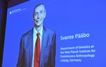 A screen shows the winner of the 2022 Nobel Prize in Physiology or Medicine Svante Paabo, during a press conference at the Karolinska Institute in Stockholm, Sweden, on Oct. 3.
