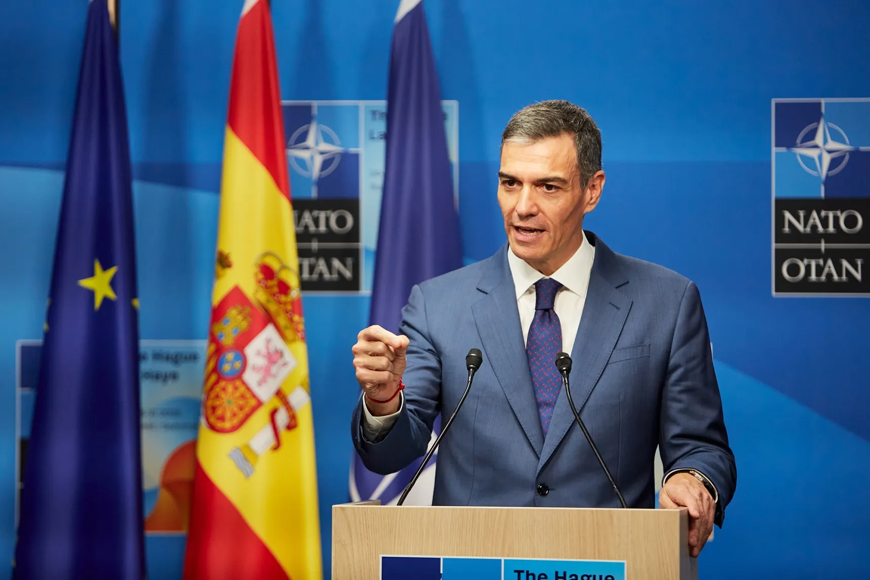 Prime Minister of Spain Pedro Sanchez speaks to the press during the NATO summit&nbsp;in The Hague on June 25.&nbsp;