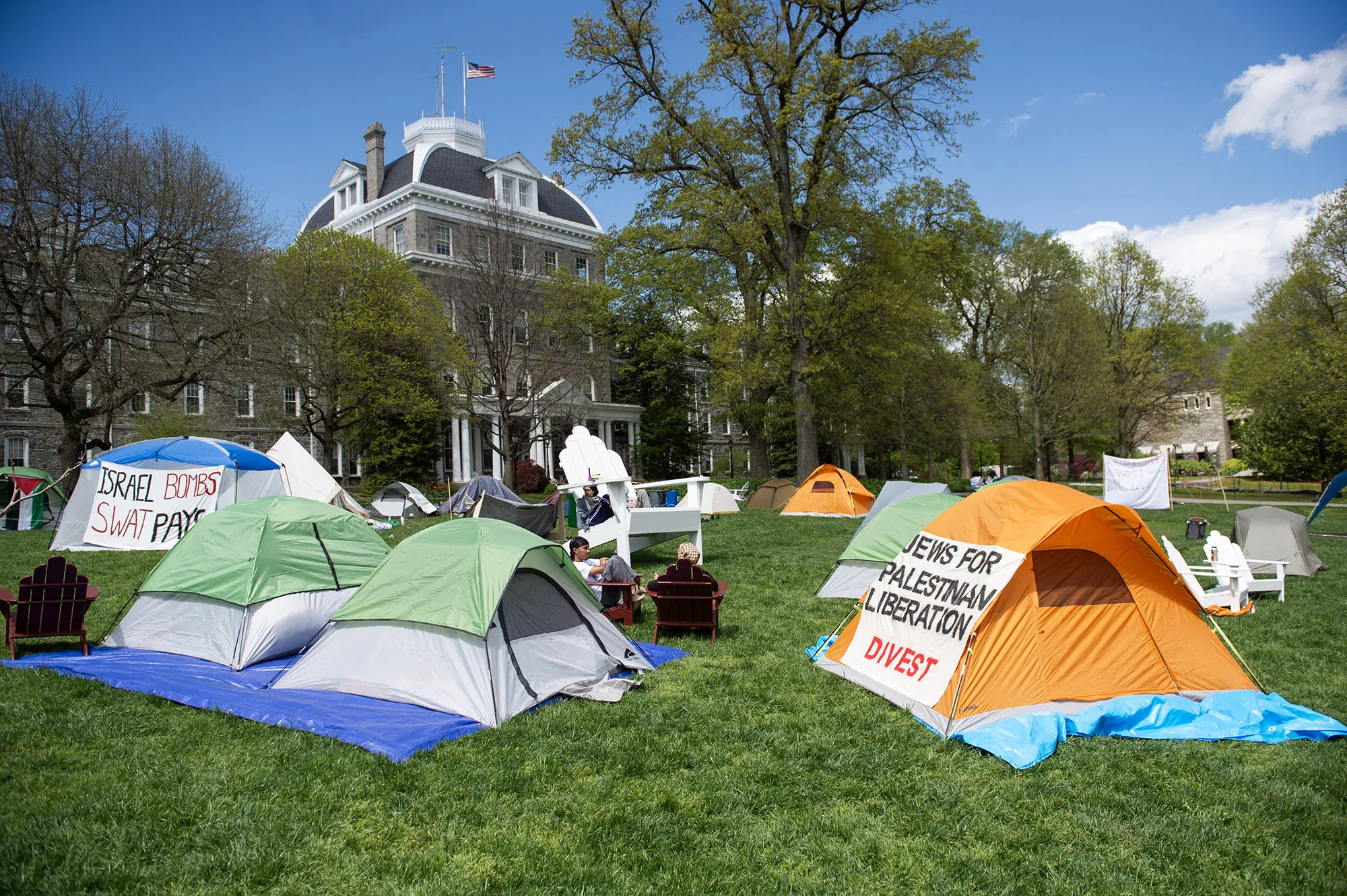 Pro-Palestinian demonstrators at an encampment at Swarthmore College in Swarthmore, Pennsylvania, on April 24, 2024.
