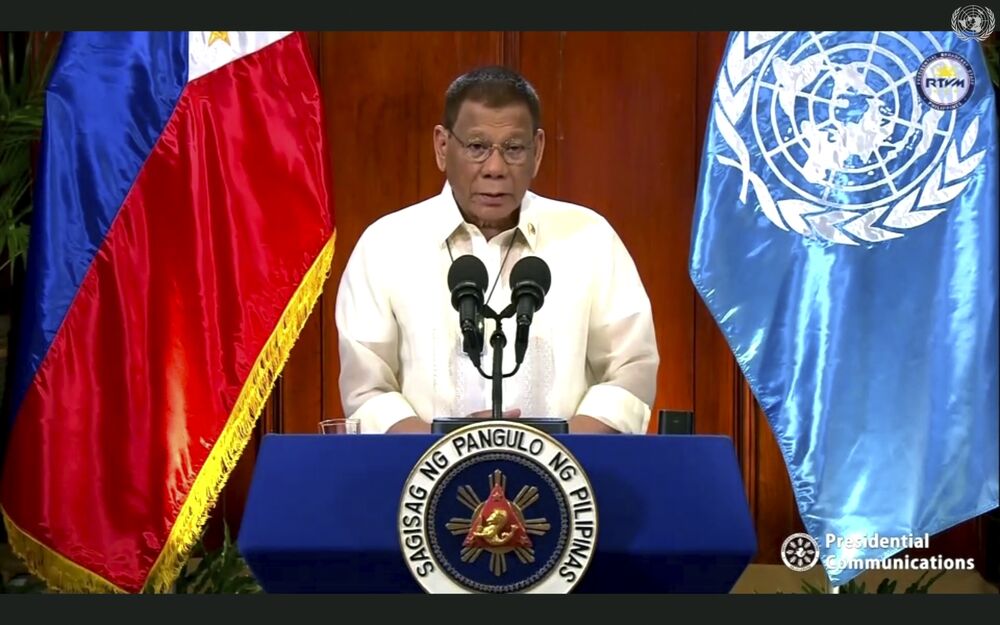 Rodrigo Duterte speaks in a pre-recorded message which was played during the 75th session of the United Nations General Assembly on Sept. 22.