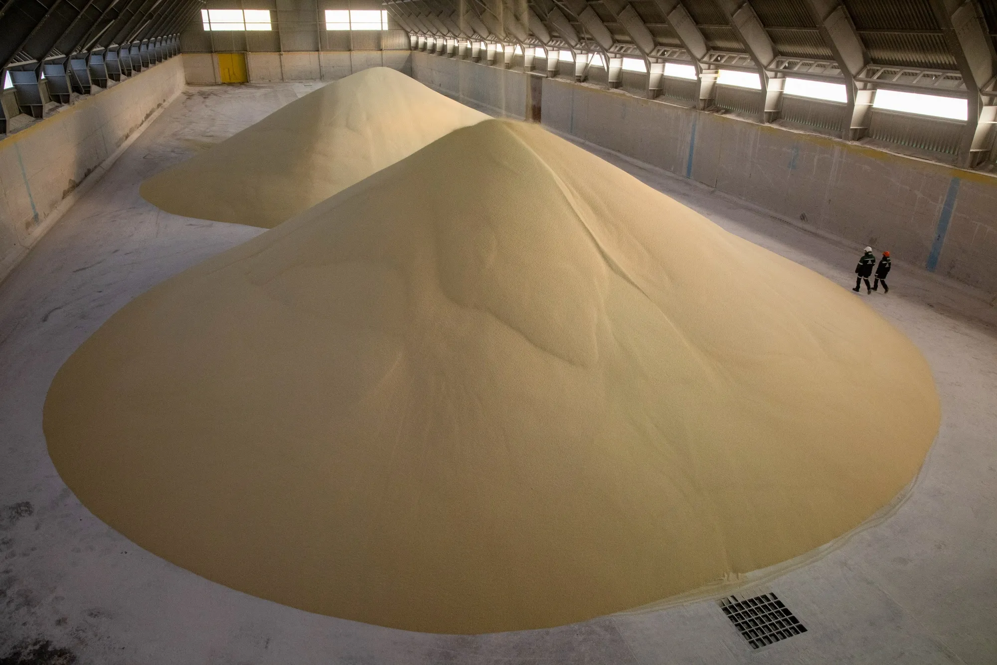 Phosphate fertilizer granules in a storage warehouse in Cherepovets, Russia.