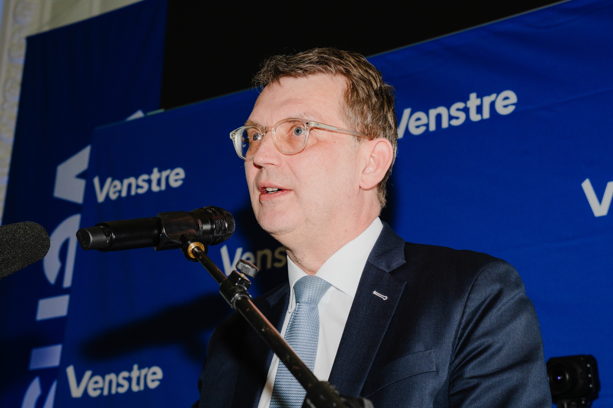 Troels Lund Poulsen, leader of the Liberal Party, speaks at their party's election night event at the Parliament in Copenhagen, Denmark, on Tuesday, March 24, 2026. Danish Prime Minister Mette Frederiksen kept alive the prospect of a third term after her party secured victory in a closely-fought election. Photographer: Nichlas Pollier/Bloomberg