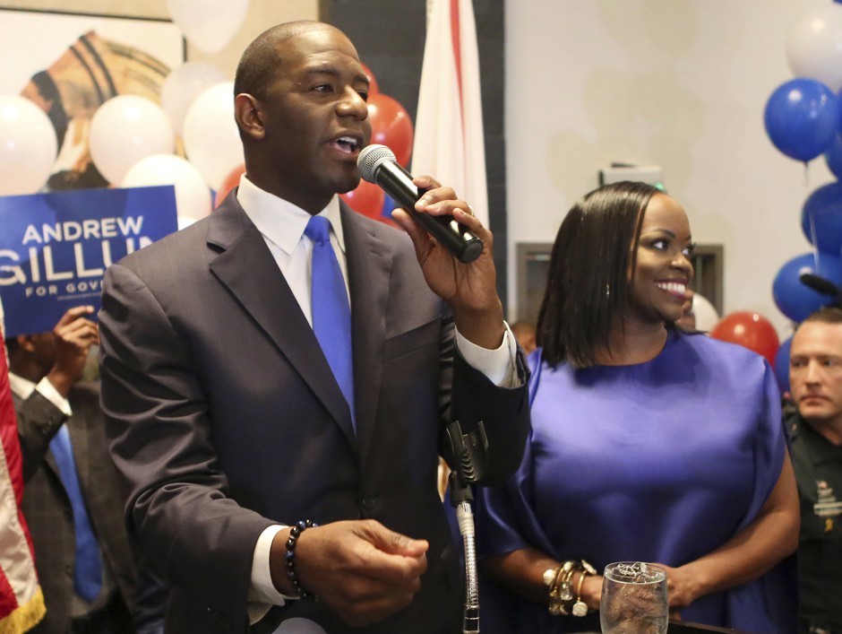 Andrew Gillum and his wife, R. Jai Gillum, address supporters after Gillum's win in the Democratic primary for Florida governor.