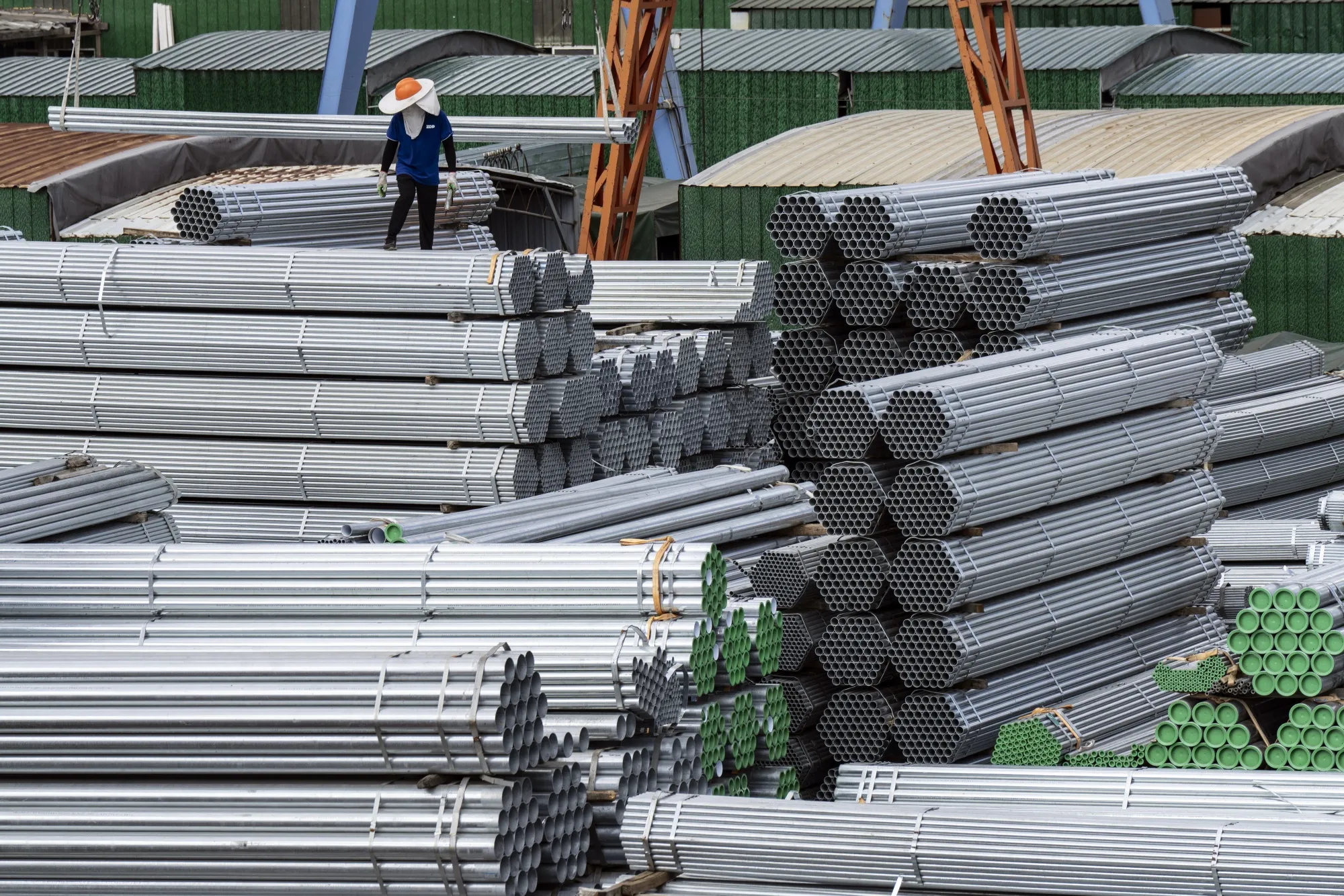 Bundles of steel tubes at a trading market in the outskirts of Shanghai, China.