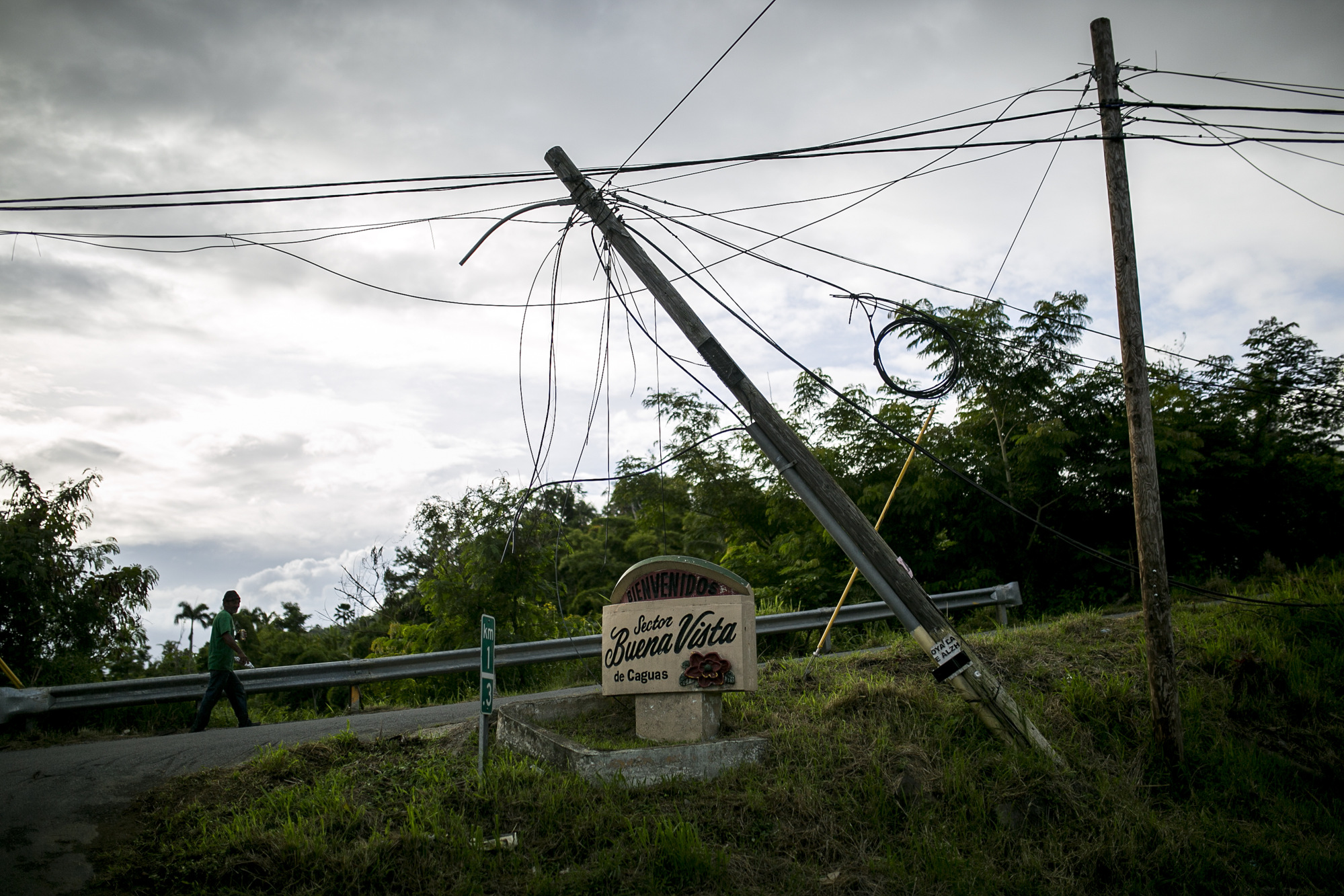 A damaged utility pole in Caguas, Puerto Rico, on Sept. 17, 2018.