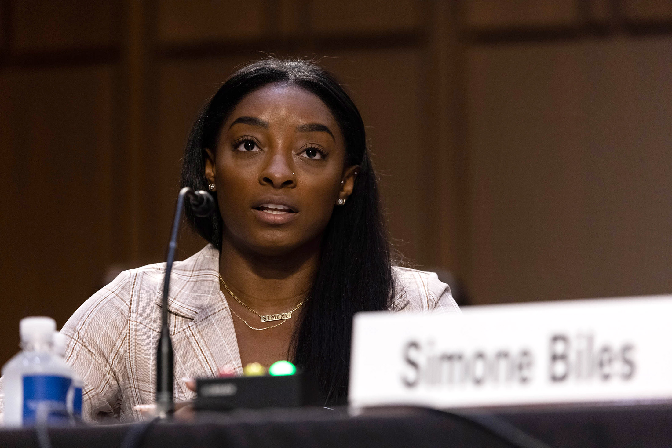 Simone Biles testifies during a Senate Judiciary hearing about the Inspector General's report on the FBI's handling of the Larry Nassar investigation in Washington, D.C. in 2021.