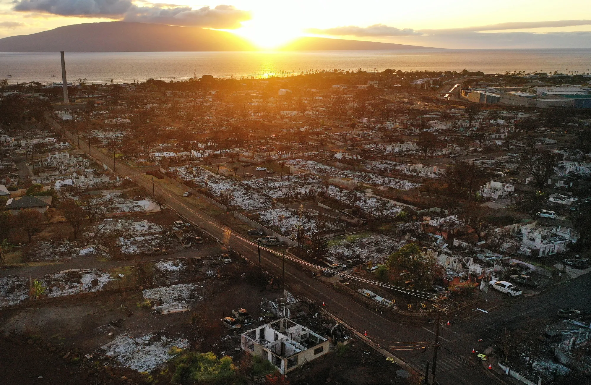 Burned structures and cars are seen two months after a devastating wildfire in Lahaina, Hawaii, on Oct. 9, 2023.