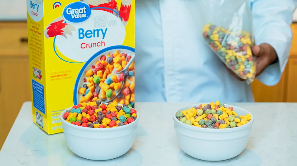 Walmart’s reformulated cereal, right, will use spirulina, juice concentrates and other natural ingredients.