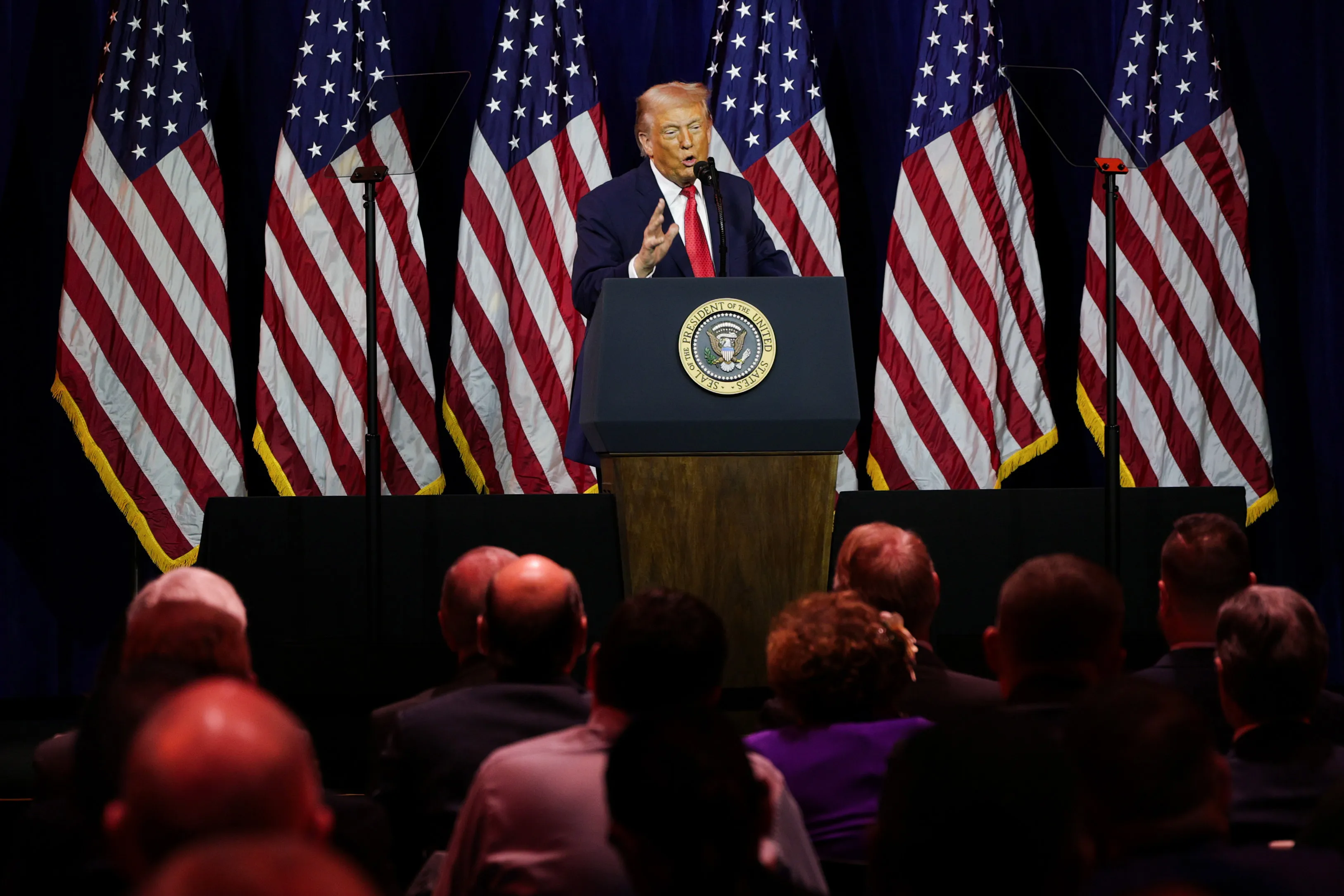 President Donald Trump addresses a House Republican retreat at The John F. Kennedy Center for the Performing Arts&nbsp;in Washington on Jan. 6.&nbsp;