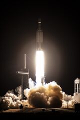 The SpaceX Falcon Heavy rocket takes off, in Florida.