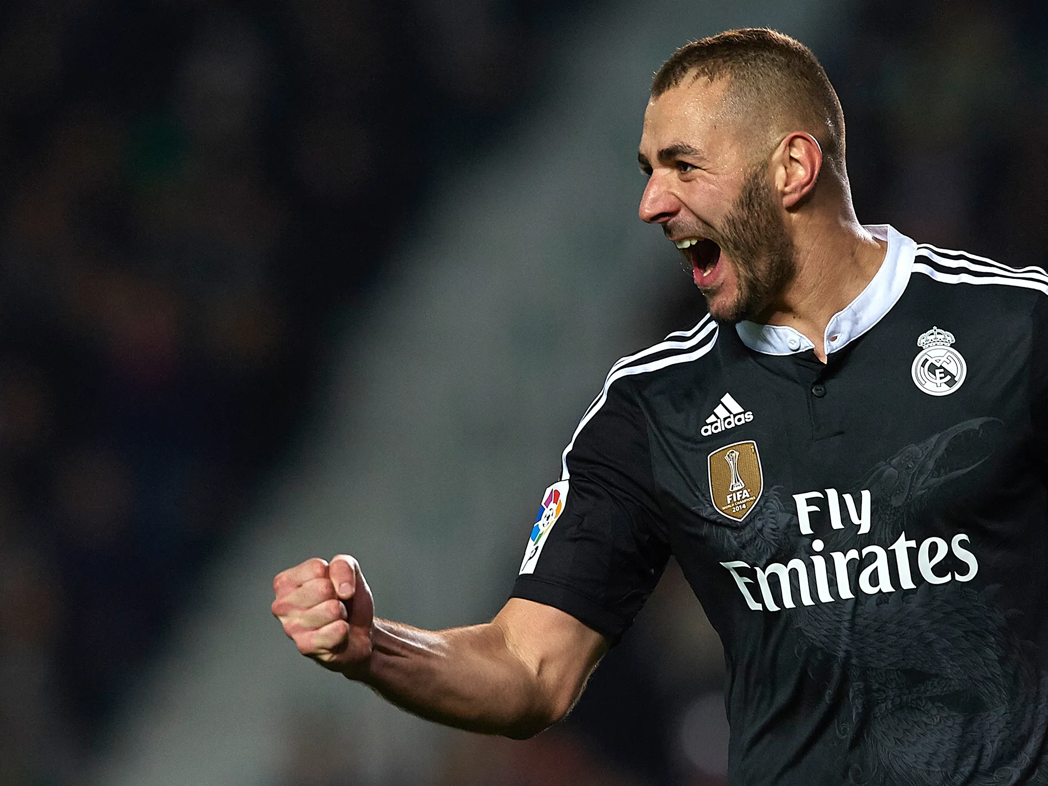 Karim Benzema of Real Madrid after scoring during the La Liga match against Elche FC on Feb. 22, 2015 in Elche, Spain.
