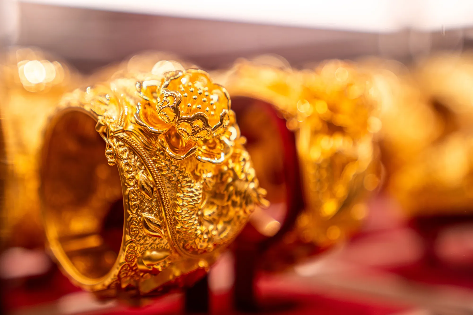 Gold bangles at a Chow Tai Fook Jewellery Group Ltd. store in Hong Kong.