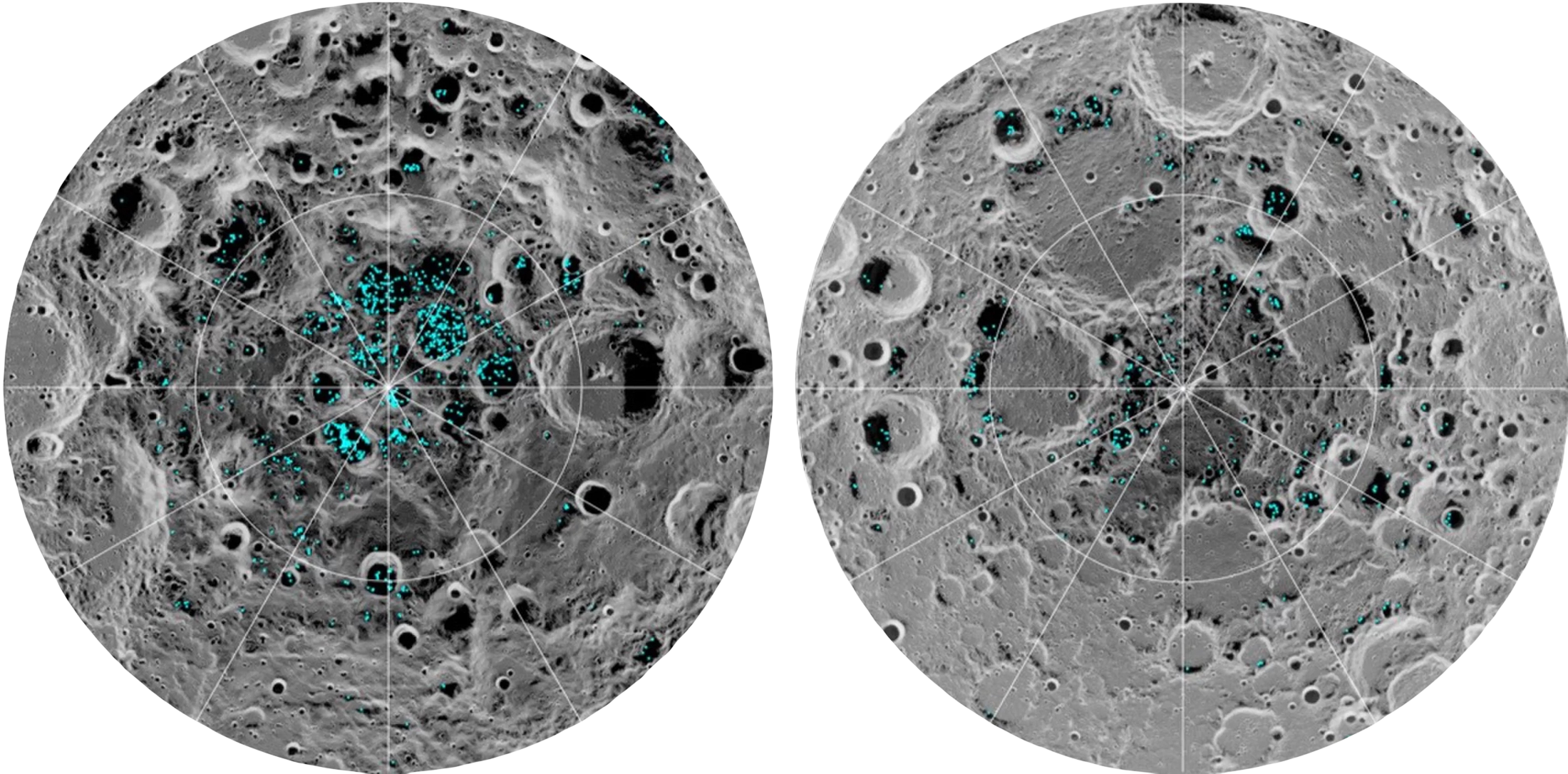 These images of the moon’s south pole (left) and north pole show surface ice in blue, as detected by a NASA mapping instrument carried by India’s Chandrayaan-1 lunar orbiter, launched in 2008. Subsequent analysis of the data collected led NASA to say definitively that the moon contained frozen water. Darker shades of gray correspond to colder surface temperatures. 