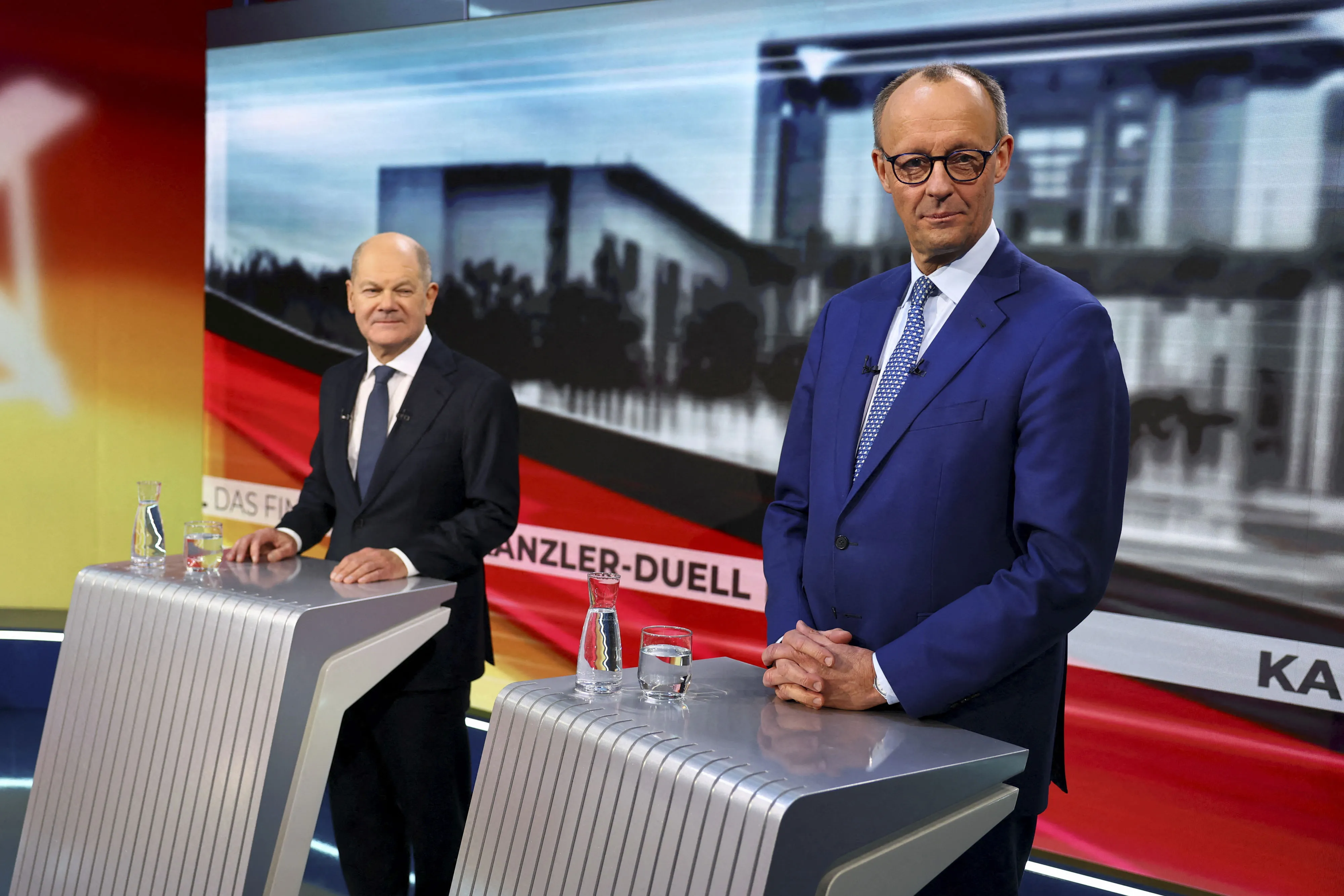 Olaf Scholz, left, and Friedrich Merz ahead of a TV debate in Berlin on Feb. 19.