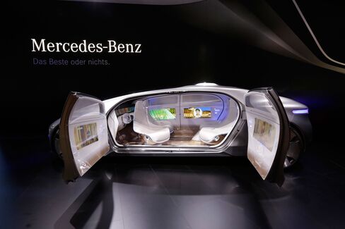 The interior and rotating seats of a Mercedes-Benz F 015 concept car, seen at the Frankfurt Motor Show in 2015.
