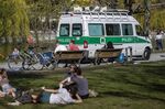 Police patrol the park in Kreuzberg, Berlin, on April 12.