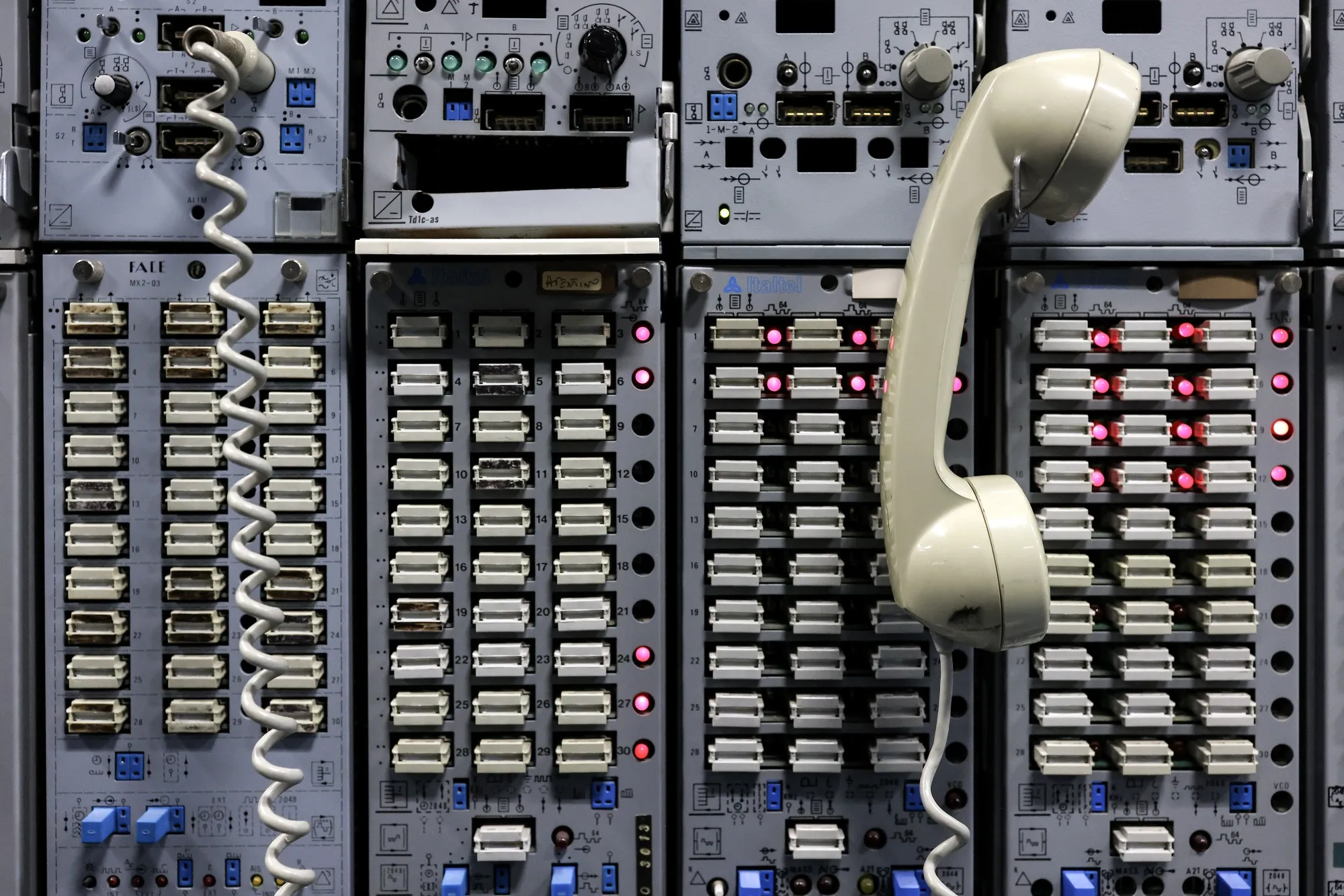 A telephone handset inside Telecom Italia SpA telephone exchange in Rome, Italy.
