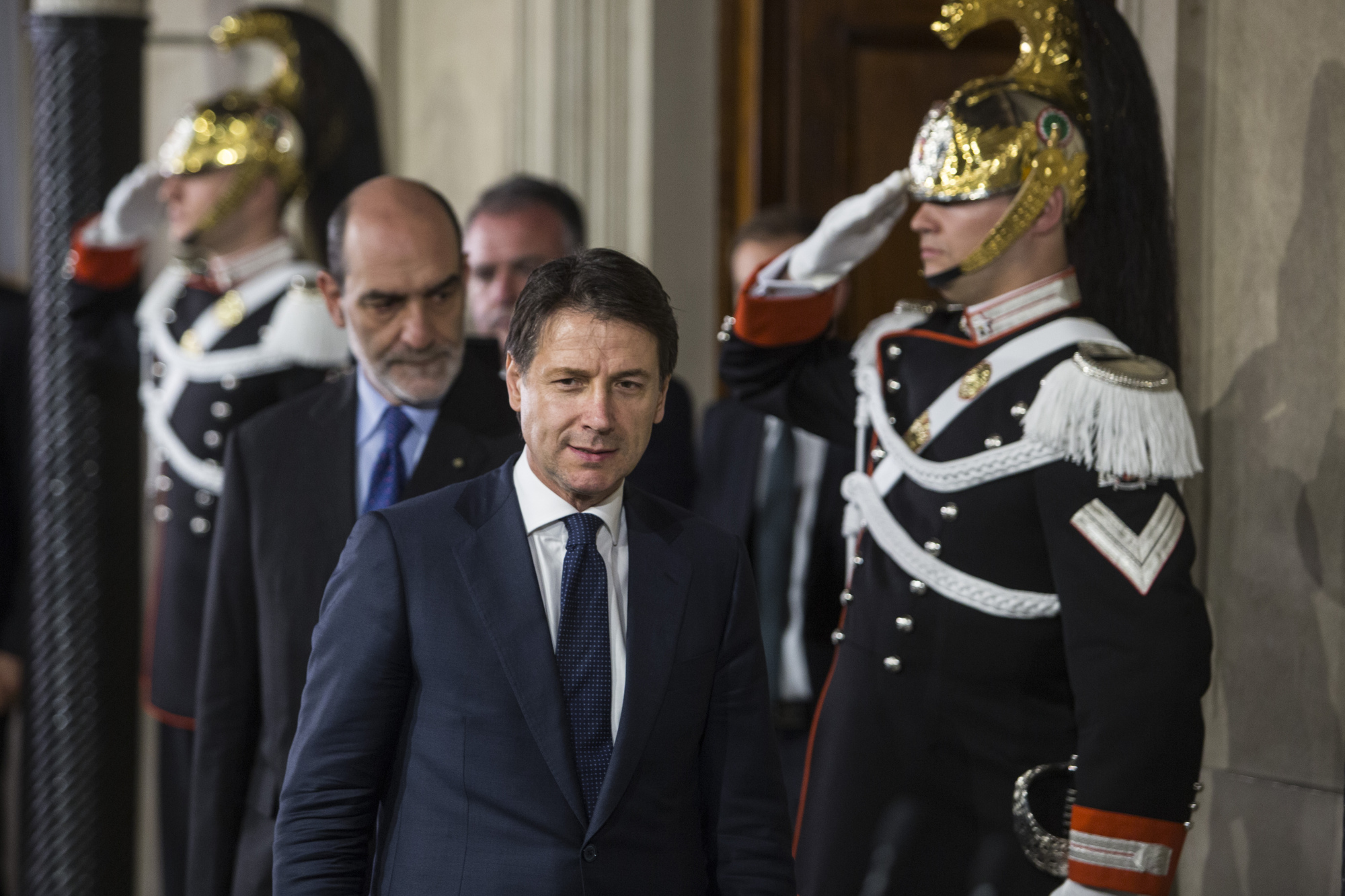 Giuseppe Conte, Italy's premier-designate, arrives to speak at a press conference after meeting President&nbsp;Sergio Mattarella at the Quirinale Palace in Rome.