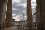 Plexiglass barriers stand at Propylaia at the archaeological site of the Acropolis, in Athens, Greece, on&nbsp;May 26.